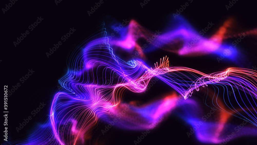 Fototapeta premium Glowing wavy background illustration artwork. Colourful line particles with beautiful bokeh. Modern digital 3d design concept