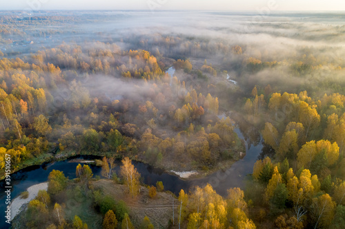 Golden autumn, view from a drone, river bend, morning fog. Sunny morning