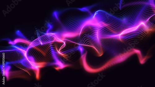 Abstract techy background illustration. Glowing wavy line particles with beautiful bokeh effect. Creative 3d design concept art