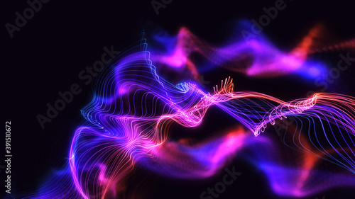 Glowing wavy background illustration artwork. Colourful line particles with beautiful bokeh. Modern digital 3d design concept