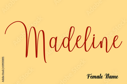 Madeline-Female Name Typography Dork Yellow Color Text on Light Yellow Background photo