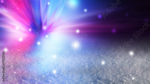 Dark Christmas abstract background. Snow cover, neon glow, blurred bokeh, snowflakes. 3d illustration