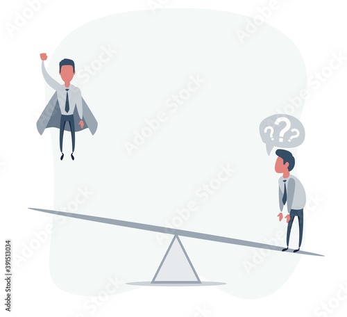 Business startup concept. Vector illustration with a businessman flying up like a superhero and a loser. Flat design