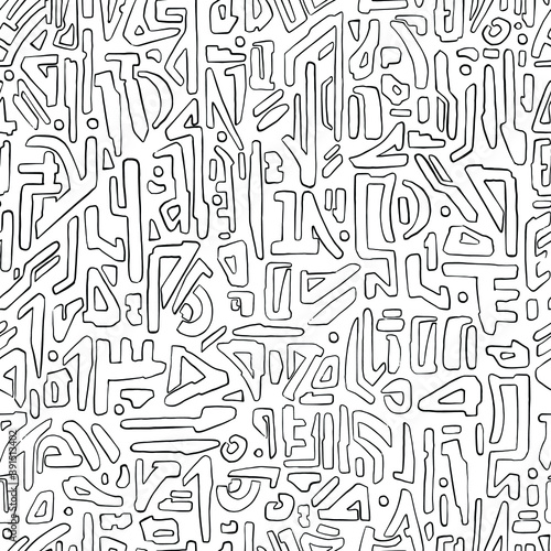 Alien hieroglyph seamless pattern. Black and white doodle style vector illustration pattern for surface, t shirt design, print, poster, icon, web, graphic designs. 