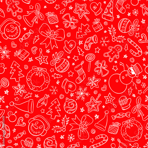 Christmas ornaments seamless pattern. Red and white doodle style vector illustration pattern for surface, t shirt design, print, poster, icon, web, graphic designs. 