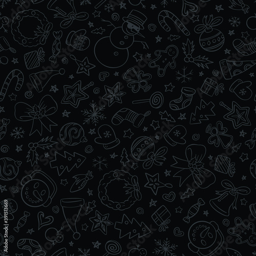 Christmas ornaments seamless pattern. Dark subtle doodle style vector illustration pattern for surface, t shirt design, print, poster, icon, web, graphic designs. 