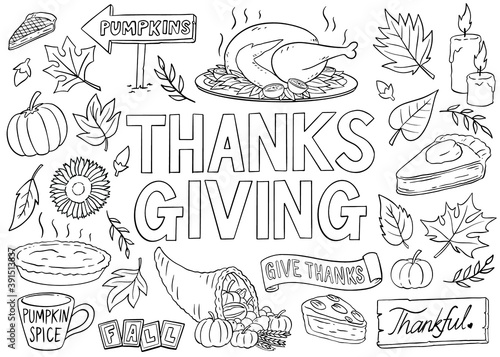 Thanksgiving ornaments doodle collection. Black and white doodle style vector illustration.