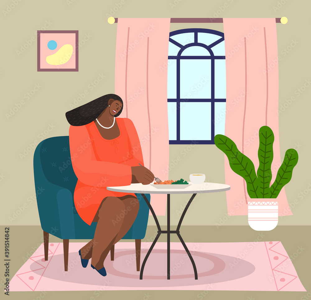 Fototapeta premium African american woman sitting on soft armchair at home at a table eating salad vector illustration. Female character having lunch in a restaurant or cafe. Spending time at home, household dinner