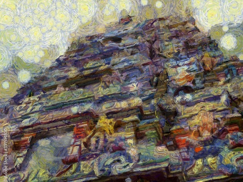 Hindu temple decoration statues Illustrations creates an impressionist style of painting.