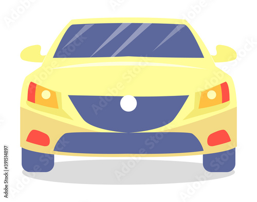 Yellow car vector template on white background. Business sedan isolated. Automobile front view flat style. Vehicle with tinted windows. Convenient mean of transportation, modern model of car