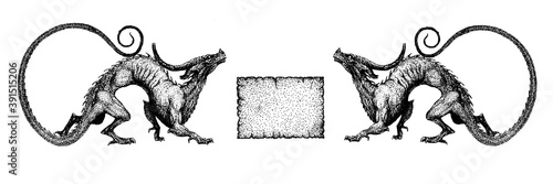 vintage grunge book vignette two dragons near papyrus
