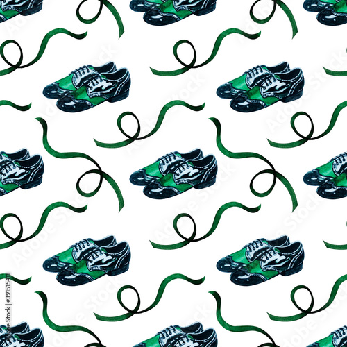  seamless pattern watercolor with mens black green shoes and 
green ribbons on white background