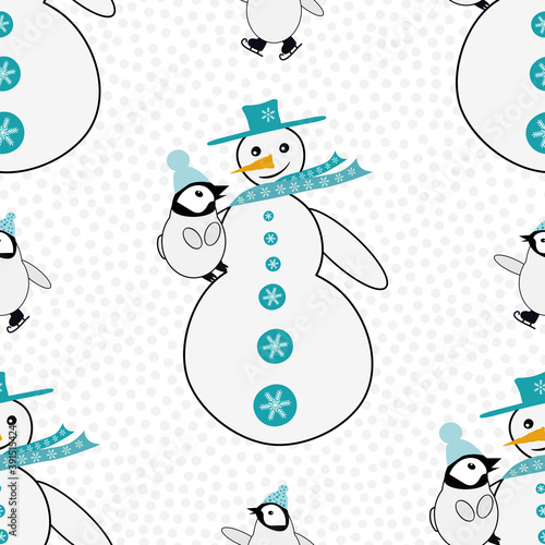 Snowman cuddles baby penguin plus skating emperor chick. Seamless vector pattern background. Blue white winter scene backdrop with snowball texture. Fun hand drawn cartoon geometric all over print