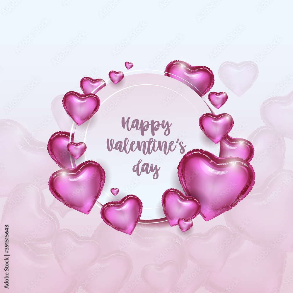 Valentine's day poster with pink realistic foil balloons on a light background.Holiday inscription in a circle. Vector illustration