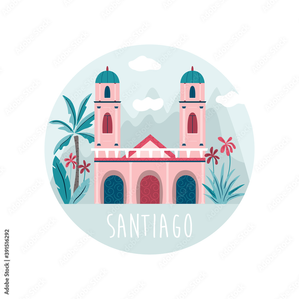 Santiago city vector illustration with cathedral at Placa de Armas and mountains behind.