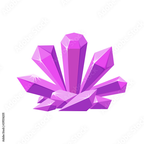 Pink crystals or gemstones. Shimmering crystal druse made of amethyst isolated in white background. Vector illustration in cartoon style
