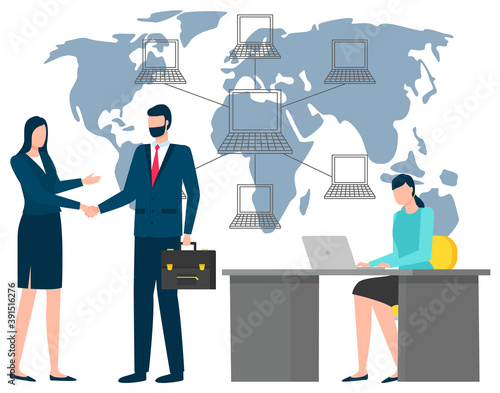 International business and global cooperation. Woman and man shaking hands confirming agreement in office. World map with network of laptops and computers on background. Vector illustration flat style