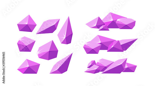 Crystals broken into pieces. Set of smashed pink crystals. Broken amethyst gemstones for rocky landscapes. Vector illustration in cartoon style