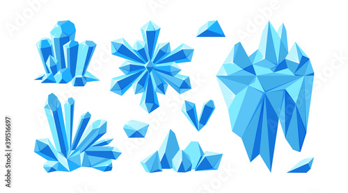 Iceberg with crystals and snowflake for arctic landscapes. Set of crystal gems and stones for game design. Vector illustration in cartoon style
