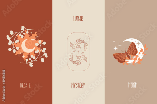 Hand drawn vector illustration of mystic logo. Magical outline clipart for print, card, textil design. Alchemy, magic, esoteric, occult, spiritual set.