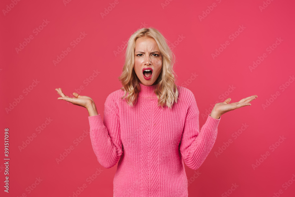 Confused upset shrugging shoulders isolated Confused upset shrugging shoulders isolated