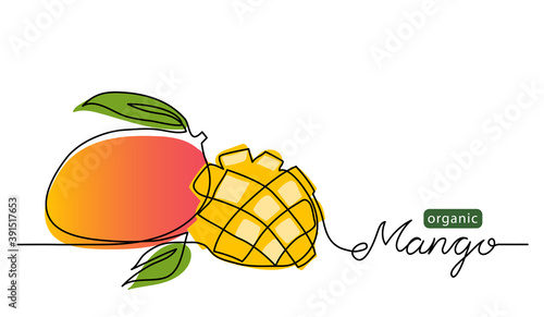 Mango vector illustration. One line drawing art color illustration with lettering organic mango.
