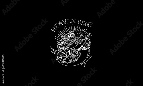 Bird And Flowers Vintage Tattoo Style Vector Illustration