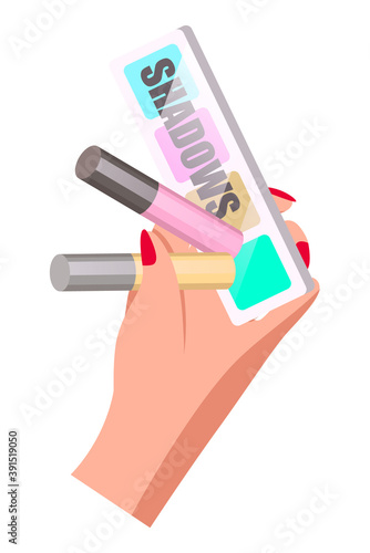 Isolated at white background white female hand with red nail polish holding shadows palette, two lipstick or lip gloss for making facial makeup. Equipment of visagiste. Cartoon vector simple icon