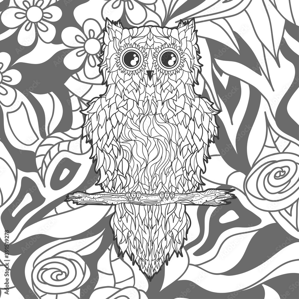 Fototapeta premium Square shape with patterned owl. Hand drawn background. Black and white illustration