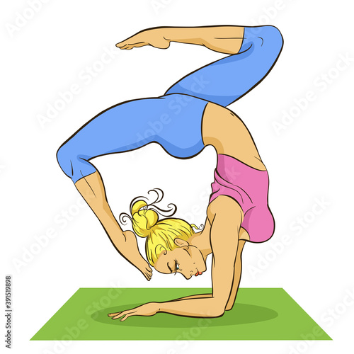Vector illustration of woman doing yoga exercise. Hand drawn vector sketch of pretty girl standing on her hands in upturned yoga balance pose with beautiful body. Healthy life concept.