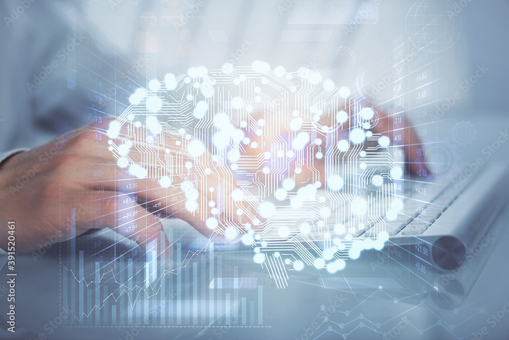 Man with computer background with brain theme hologram. Concept of brainstorm. Double exposure. Man with computer background with brain theme hologram. Concept of brainstorm. Double exposure.