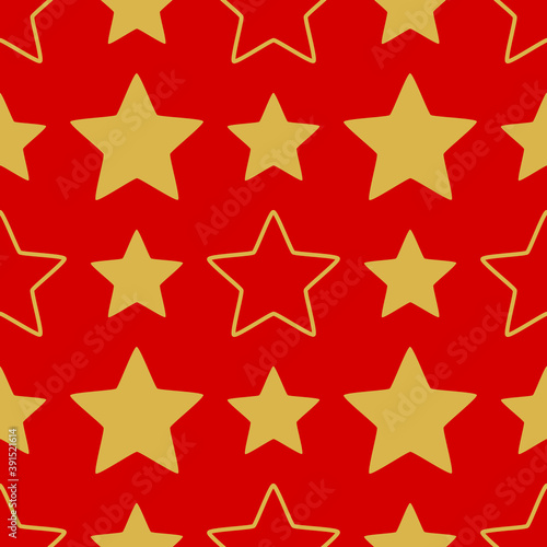 Gold stars on red background decorative seamless Christmas pattern.
