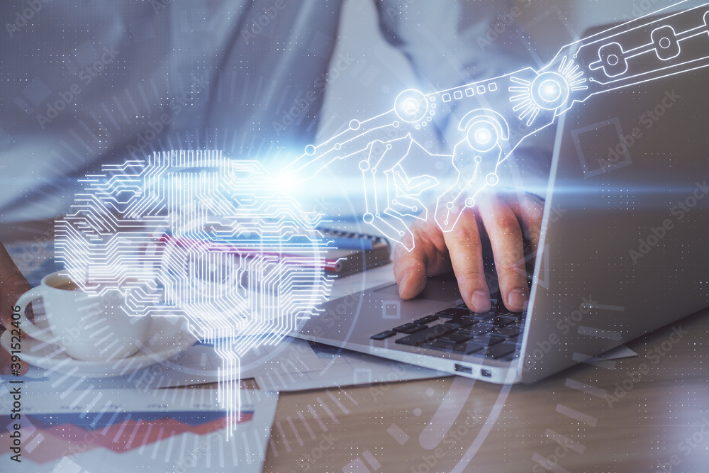Businessman with computer background with brain theme hologram. Concept of brainstorm. Multi exposure. Businessman with computer background with brain theme hologram. Concept of brainstorm. Multi exposure.