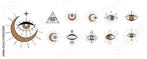 Evil seeing eye symbol set. Occult mystic emblem, graphic design tattoo. Esoteric sign alchemy, celestial bodies, providence sight, Vector eye boho design. Outline eyes symbols with moon, stars