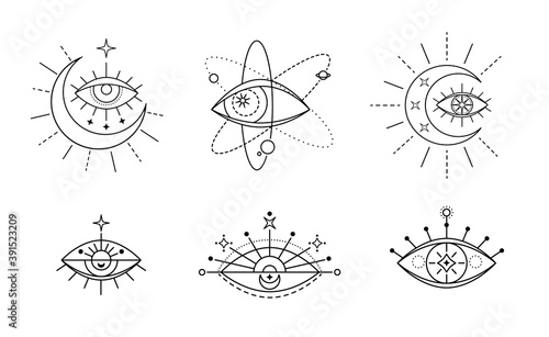 Evil seeing eye symbol set. Occult mystic emblem, graphic design tattoo. Esoteric sign alchemy, celestial bodies, providence sight, Vector eye boho design. Outline eyes symbols with moon, stars