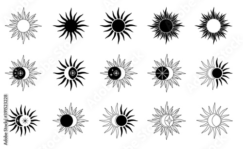 Black and white simple vector illustration with sun moon and planet, eclipse, symbol sun rays, moon and star,Vintage boho illustration of sun and moon. eclipse concept