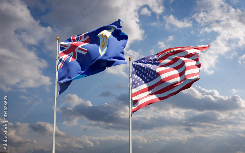 Beautiful national state flags of USA and Anguilla together at the sky background. 3D artwork concept. Beautiful national state flags of USA and Anguilla together at the sky background. 3D artwork concept.