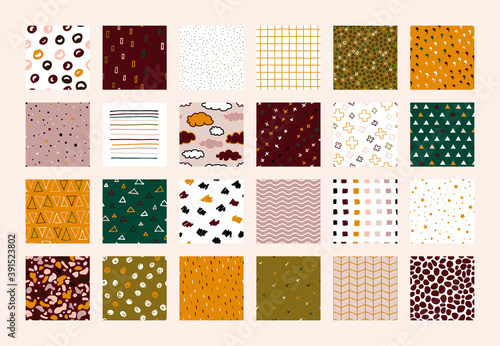 Set of 24 Scandinavian doodle abstract seamless vector patterns. Nude colors cozy ornaments Collection. Dot, stripe, spot. Hand drawn geometric burgundy, brown, beige, cream, green, orange background