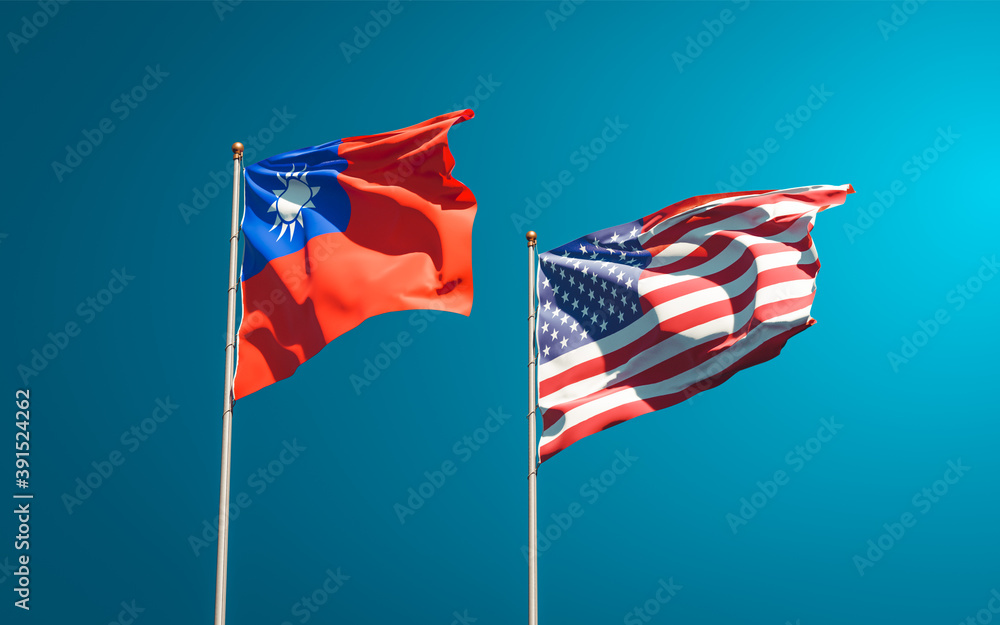 Beautiful national state flags of USA and Taiwan together at the sky background. 3D artwork concept. Beautiful national state flags of USA and Taiwan together at the sky background. 3D artwork concept.