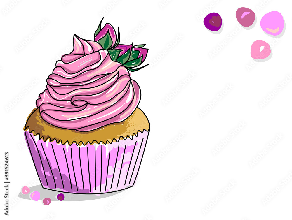 Vector image of a cupcake with butter cream and flower buds on top. A sketch of a cake painted as if with markers or watercolors. A place for lettering or congratulations. Hand-drawn illustration. Vector image of a cupcake with butter cream and flower buds on top. A sketch of a cake painted as if with markers or watercolors. A place for lettering or congratulations. Hand-drawn illustration.
