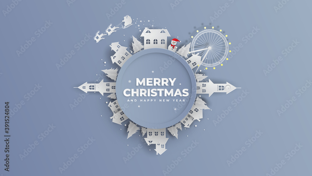 360 degree Merry Christmas illustration in winter. 360 degree view in winter. paper cut and craft style. vector, illustration.