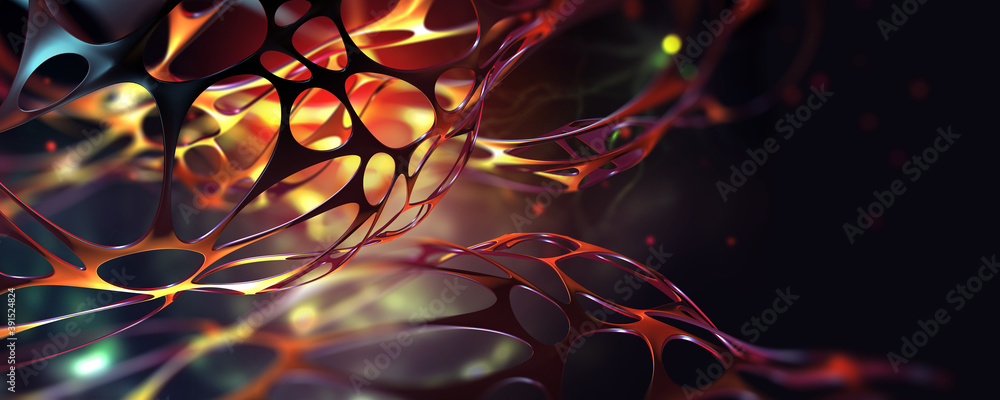 Neural network in a synthetic organism. Nanotechnology and networking. Fantastic macrocosm. Abstract full color poster, picture for interior with 3D illustration - obrazy, fototapety, plakaty 