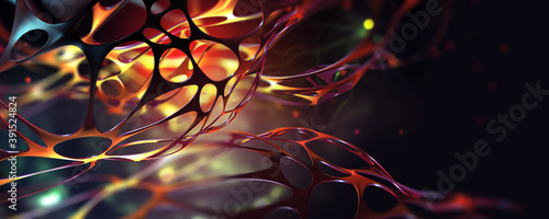 Neural network in a synthetic organism. Nanotechnology and networking. Fantastic macrocosm. Abstract full color poster, picture for interior with 3D illustration photo