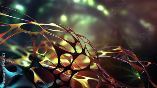 Fototapeta Naklejka Na Ścianę i Meble -  Neural network in a synthetic organism. Nanotechnology and networking. Fantastic macrocosm. Abstract full color poster, picture for interior with 3D illustration