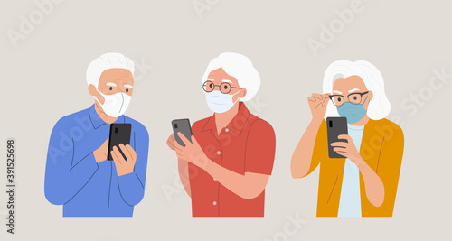 Different elderly  people  in mask look into the smartphones. Big set.Vector flat cartoon style illustration