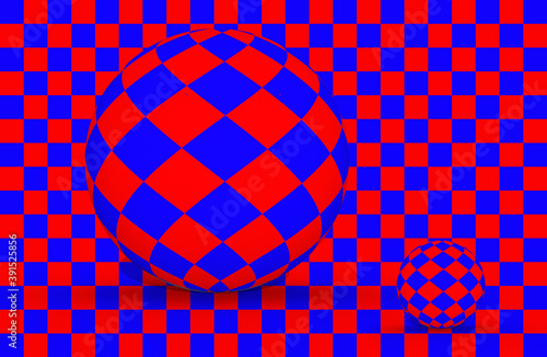 Red and blue spheres on red and blue checker background