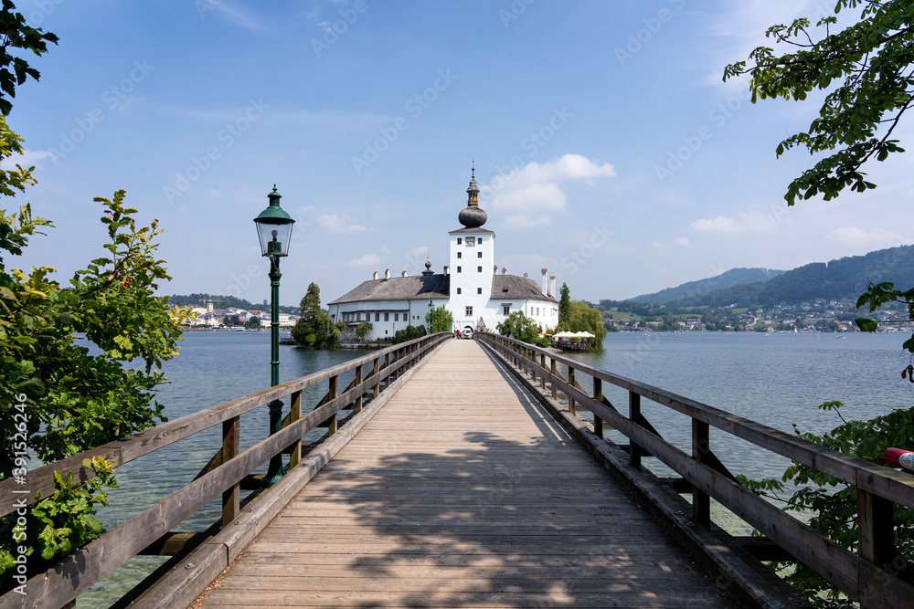 Water Castle Schloss Ort with Wooden Bridge in Upper Austria