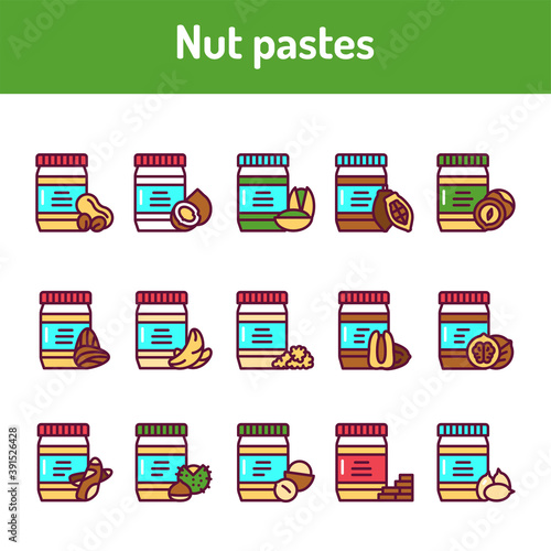 Nut pastes color line icons set. Isolated vector element.