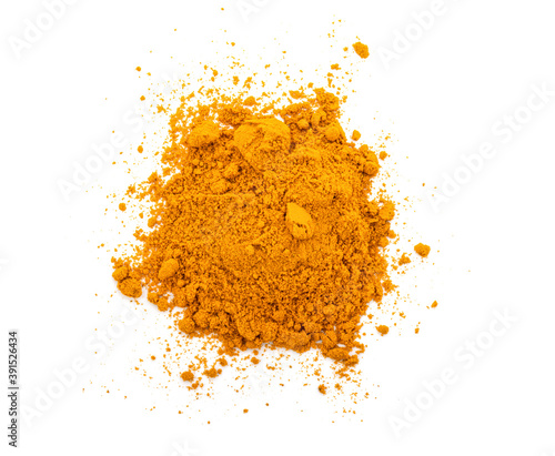 Dry turmeric powder isolated on white background. Top view