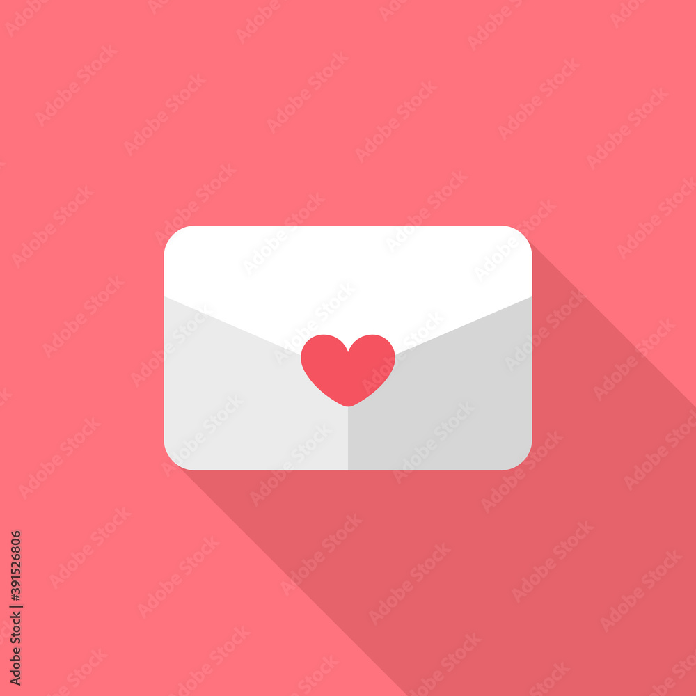 White love letter valentine's day icon. Simple flat vector illustration design with long shadow isolated on red background.